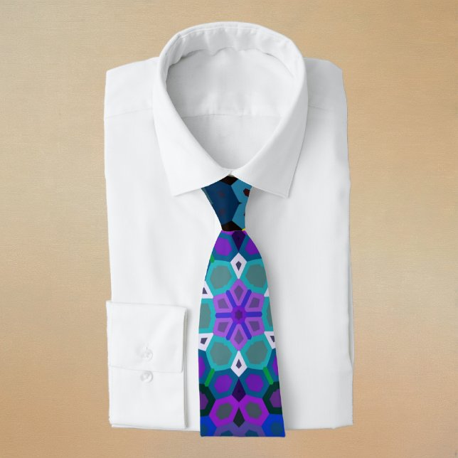 Hex Mandala Blue Yellow Red and Green Tie (Blue Yellow Red and Green Hexagon Mandala Neck Tie by Wormhole Orbital)