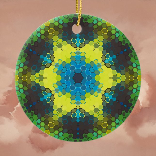 Hex Mandala Green Yellow and Blue Ceramic Ornament (Green and Blue Hexagon Mandala Ornament By Wormhole Orbital)