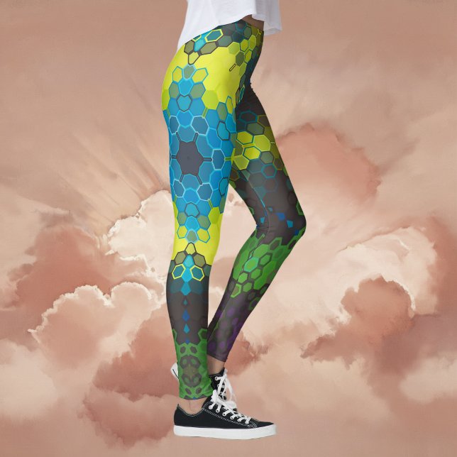 Hex Mandala Green Yellow and Blue Leggings (Green and Blue Hexagon Mandala Leggings By Wormhole Orbital)
