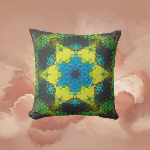 Hex Mandala Green Yellow and Blue Throw Pillow