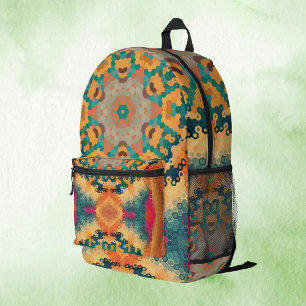 Hex Mandala Orange and Blue Printed Backpack