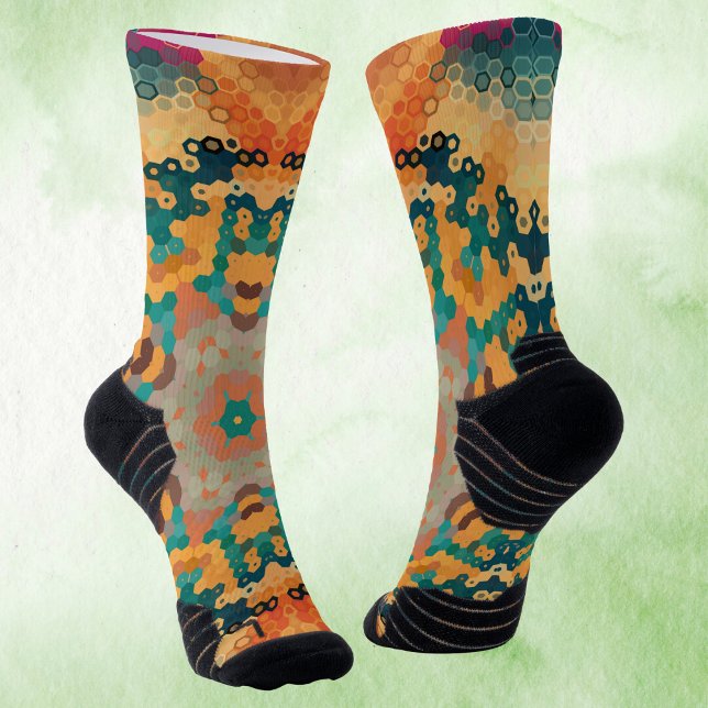 Hex Mandala Orange and Blue Socks (Orange and Blue Hexagon Mandala Socks by Wormhole Orbital)