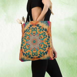 Hex Mandala Orange and Blue Tote Bag