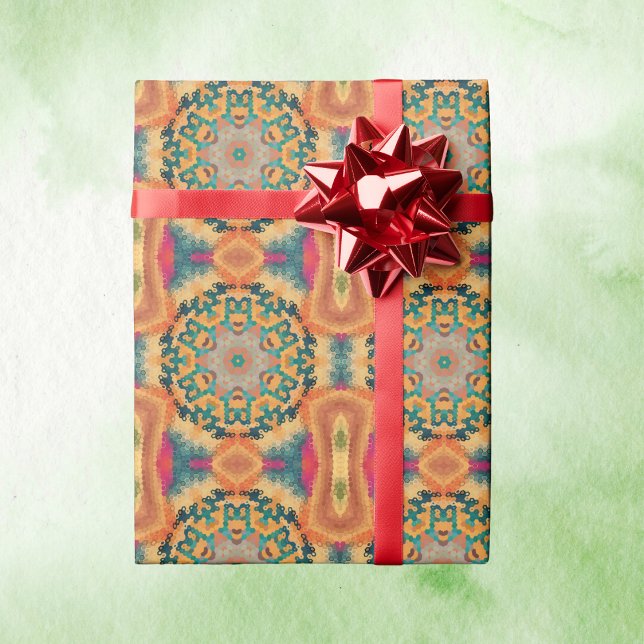Hex Mandala Orange and Blue Wrapping Paper (Orange and Blue Hexagon Mandala Wrapping Paper by Wormhole Orbital)