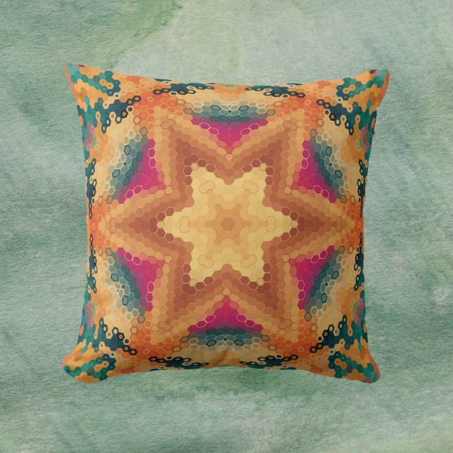 Hex Mandala Orange Blue and Pink Throw Pillow (Orange Blue and Pink Hexagon Mandala Throw Pillow by Wormhole Orbital)