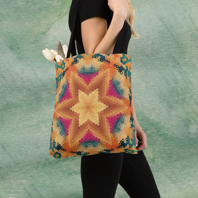 Hex Mandala Orange Blue and Pink Tote Bag (Orange Blue and Pink Hexagon Mandala Tote Bag by Wormhole Orbital)