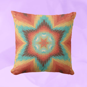 Hex Mandala Orange Blue and Yellow Throw Pillow