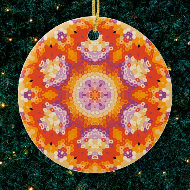 Hex Mandala Orange Purple and White Ceramic Ornament (Orange Purple and White Hexagon Mandala Ornament by Wormhole Orbital)
