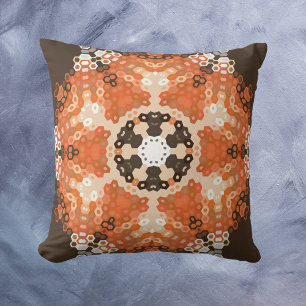 Hex Mandala Orange White and Brown Throw Pillow