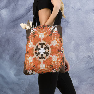 Hex Mandala Orange White and Brown Tote Bag