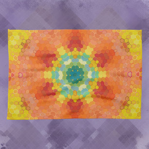 Hex Mandala Orange Yellow Red and Blue Kitchen Towel