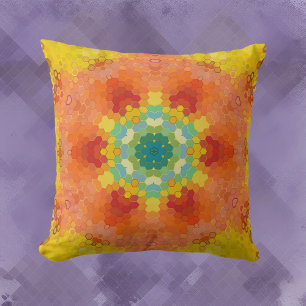 Hex Mandala Orange Yellow Red and Blue Throw Pillow
