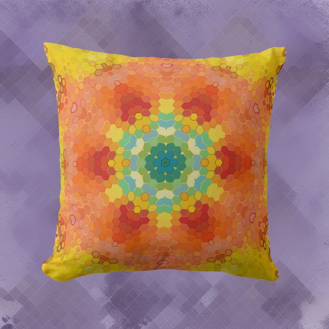 Hex Mandala Orange Yellow Red and Blue Throw Pillow (Creator Uploaded)