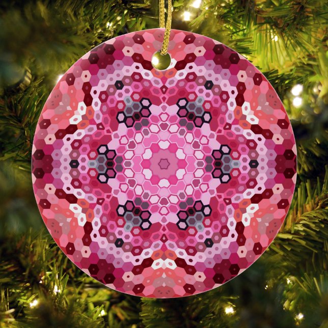 Hex Mandala Pink Red and White Ceramic Ornament (Pink Red and White Hexagon Mandala Christmas Ornament from Wormhole Orbital)