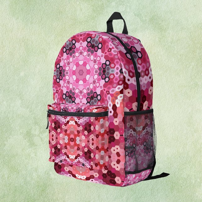Hex Mandala Pink Red and White Printed Backpack (Creator Uploaded)
