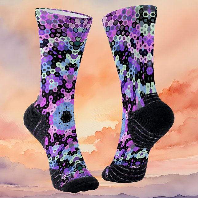 Hex Mandala Purple Pink and Blue Socks (Purple Pink and Blue Hexagon Mandala Socks By Wormhole Orbital)