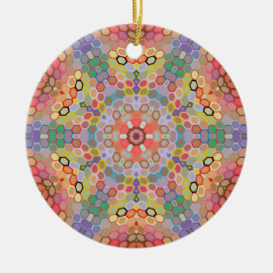 Hex Mandala Rainbow Ceramic Ornament