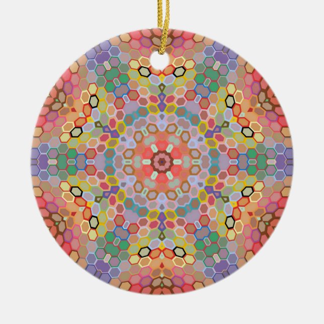 Hex Mandala Rainbow Ceramic Ornament (Front)