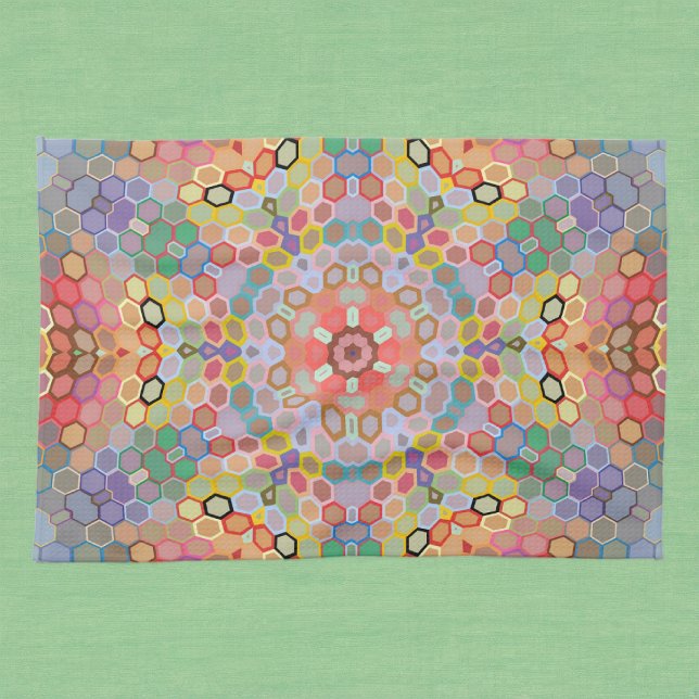 Hex Mandala Rainbow Kitchen Towel (Rainbow Hexagon Mandala Kitchen Towel by Wormhole Orbital)