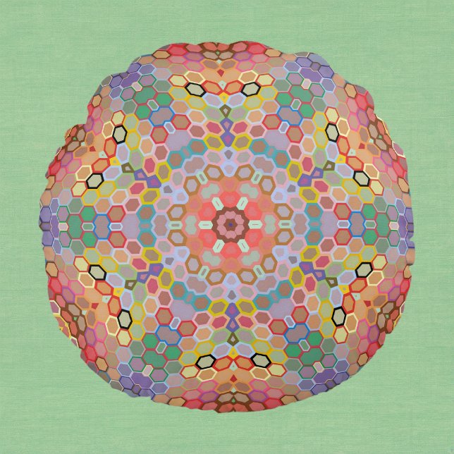 Hex Mandala Rainbow Round Pillow (Rainbow Hexagon Mandala Round Pillow by Wormhole Orbital)