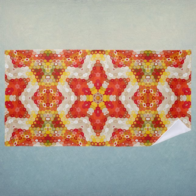 Hex Mandala Red and Yellow Beach Towel (Red and Yellow Hexagon Mandala Beach Towel by Wormhole Orbital)