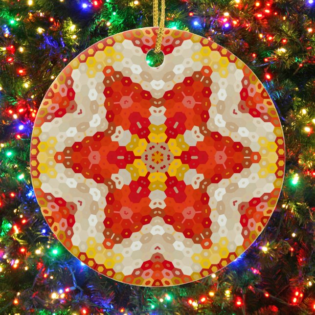 Hex Mandala Red and Yellow Ceramic Ornament (Red and Yellow Hexagon Mandala Ornament from Wormhole Orbital)