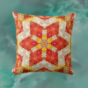 Hex Mandala Red and Yellow Throw Pillow