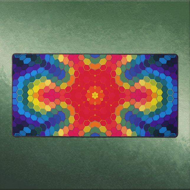 Hex Mandala Red Yellow and Blue (Red Yellow and Blue Hexagon Mandala Desk Mat by Wormhole Orbital)