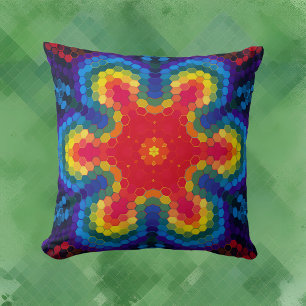 Hex Mandala Red Yellow and Blue Throw Pillow