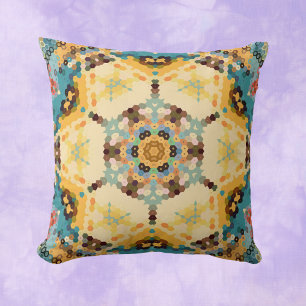 Hex Mandala Yellow and Blue Throw Pillow