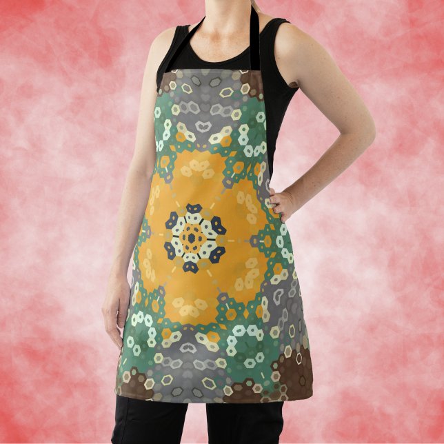 Hex Mandala Yellow Teal and Brown Apron (Yellow Teal and Brown Hexagon Mandala Apron by Wormhole Orbital.)