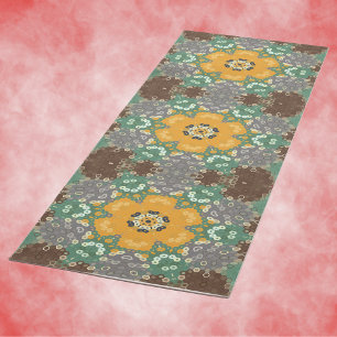 Hex Mandala Yellow Teal and Brown Yoga Mat