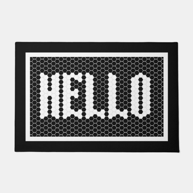 Hex tile black and white modern hello design black doormat (Front)