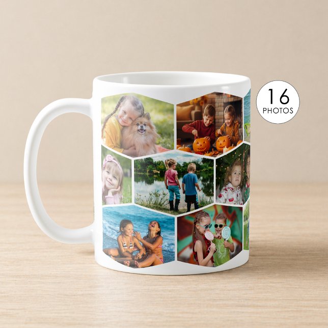 Hexagon 16 Photo Collage Modern Pattern Wrap Coffee Mug (Creator Uploaded)