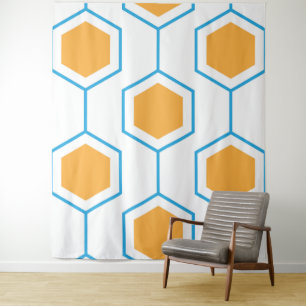 Hexagon abstract geometrical pattern in orange blu tapestry