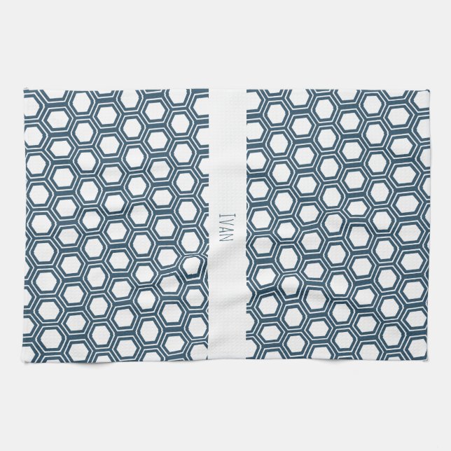 Hexagon Blue White Minimal Pattern Kitchen Towel (Horizontal)