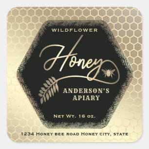 Hexagon branch  gold bee honey jar  square sticker