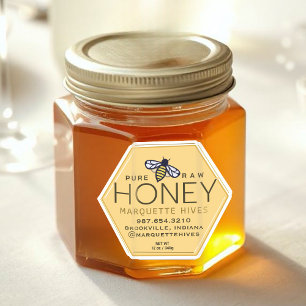 Hexagon de miel jaune Étiquette avec abeilles et p