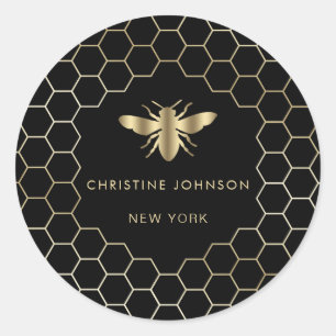 hexagon design bee logo on black classic round sticker