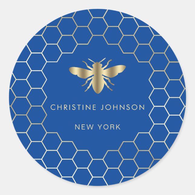 hexagon design bee logo on blue classic round sticker (Front)