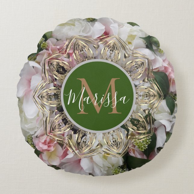 Hexagon d'or floral Mandala Monogramme Coussin ron (Devant)