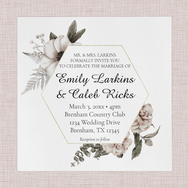 Hexagon Frame Gold Watercolor Floral Wedding Invitation (wedding invitation with gold hexagon frame and white and sage floral elements. script writing )