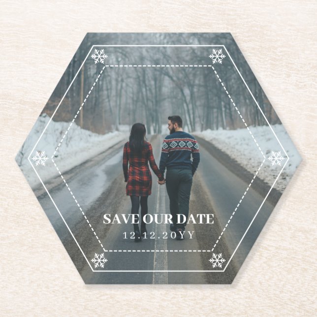 Hexagon Frame Snowflakes Your Photo Save the Date Paper Coaster (Front)