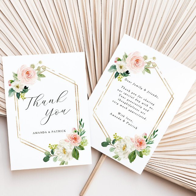 Hexagon Gold Frame Blush Pink Floral Thank You (Front & Back)