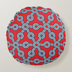 Hexagon grid, red blue, geometric pattern. round pillow