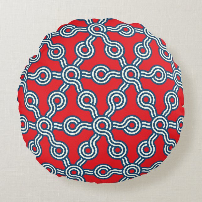 Hexagon grid, red blue, geometric pattern. round pillow (Front)