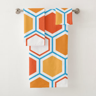 Hexagon in orange, blue and white bath towel set