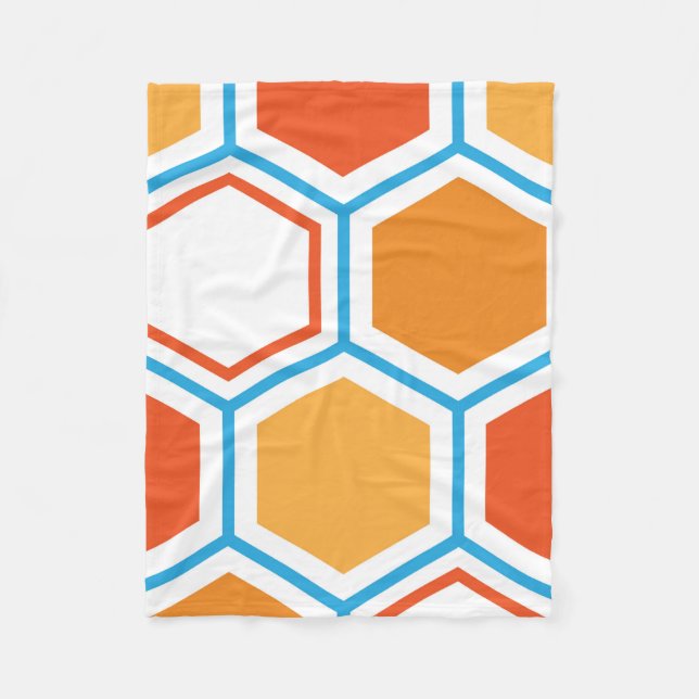 Hexagon in orange, blue and white fleece blanket (Front)