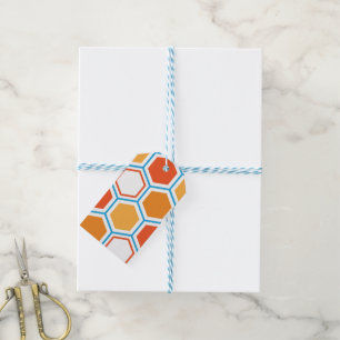 Hexagon in orange, blue and white gift tags