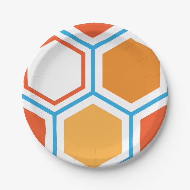 Hexagon in orange, blue and white paper plate (Front)